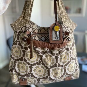Y2K Fossil Tan and Cream Floral Shoulder canvas Bag